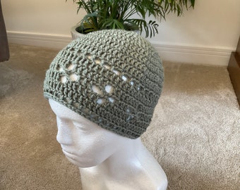 Ladies crochet beanie hat | Blue | White | Grey | Handmade in UK | Ideal for Spring | Mother’s Day gift | Letterbox gift