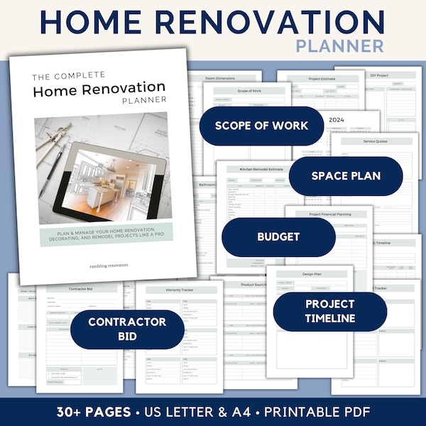 Home Renovation Planner, Renovation Planner Printable, Home Improvement Project, Home Planner Checklist, House Remodel Budget