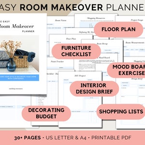 May include: A printable PDF planner for room makeovers. The planner includes sections for room vision, furniture checklist, mood board, interior design brief, decorating budget, shopping lists, and floor plan. The cover features a still life of a vase with dried flowers and a basket.