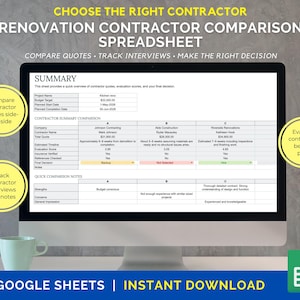 Renovation Contractor Comparison Spreadsheet | Compare Contractor Quotes & Bids | Choose the Right Contractor | Google Sheets Reno Planner