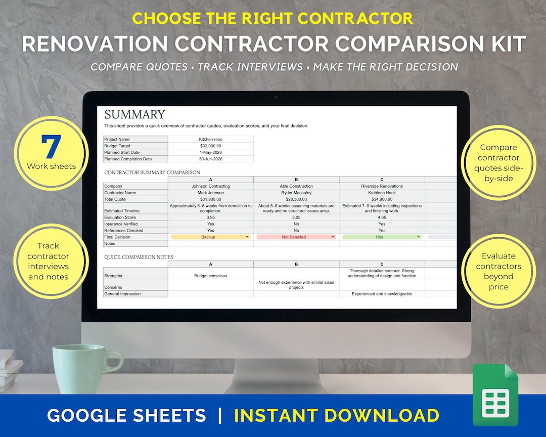 Home Renovation Contractor Comparison Kit | Contractor Bid Spreadsheet ...