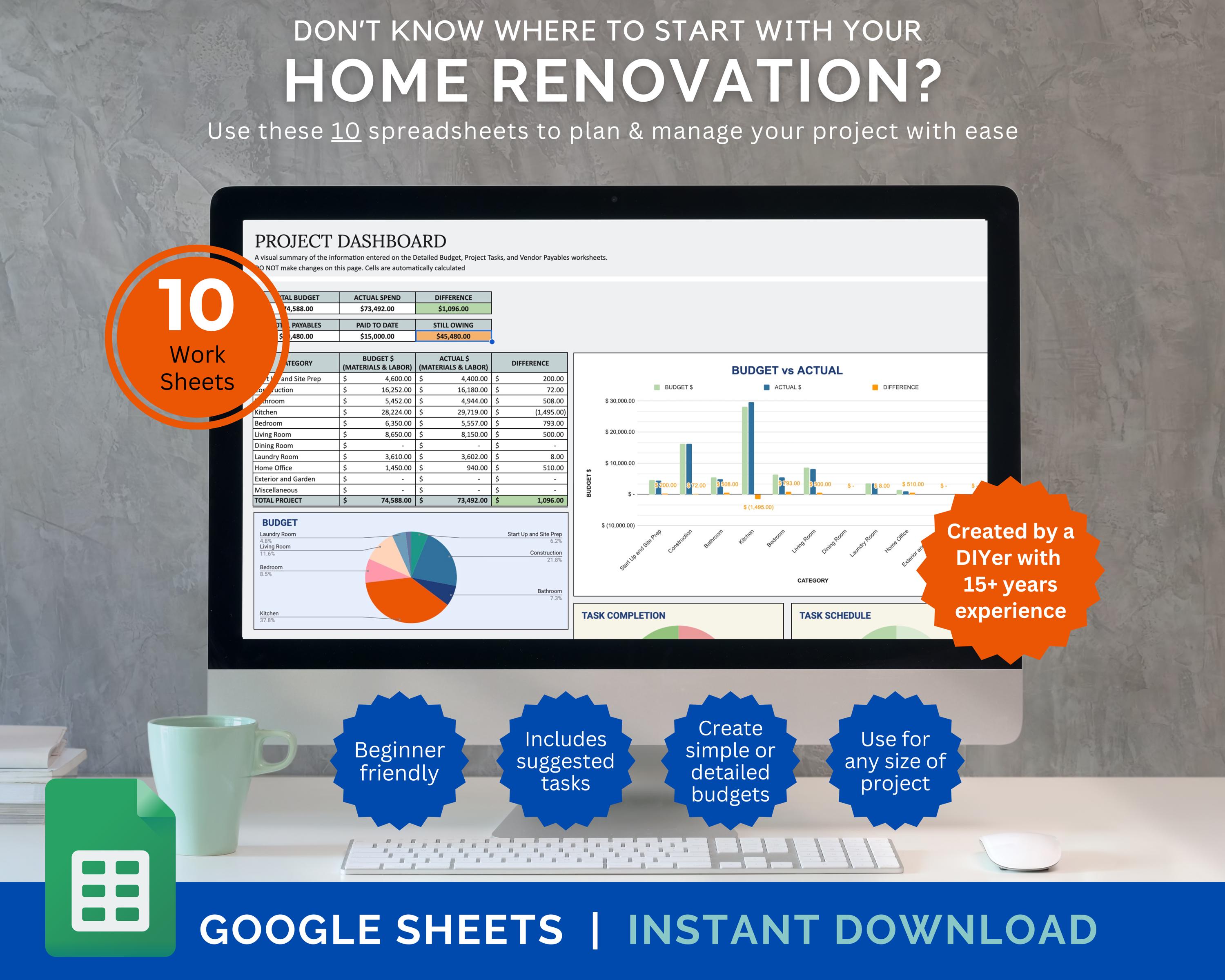 Home Renovation Budget Spreadsheet | Remodel Planner Google Sheets ...
