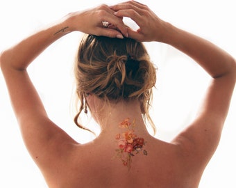 Tatuaje temporal de ramo de flores: diseño de acuarela resistente al agua (juego de 2)