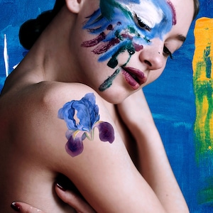 Iris Flower Temporary Tattoo: Artsy Blue Flower, One-Week Floral Fake Tattoo (Set of 2)