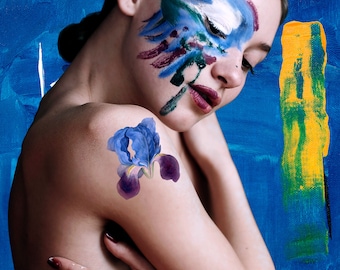 Tatuaje temporal de iris azul: Diseño floral artístico (Juego de 2)