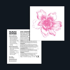 Puede incluir: Tatuaje temporal rosa de una sola flor de an&eacute;mona rosa con el texto "Pink Anemone Monocolor Flowers Jean Jacques Avril 175" e instrucciones para aplicar el tatuaje.