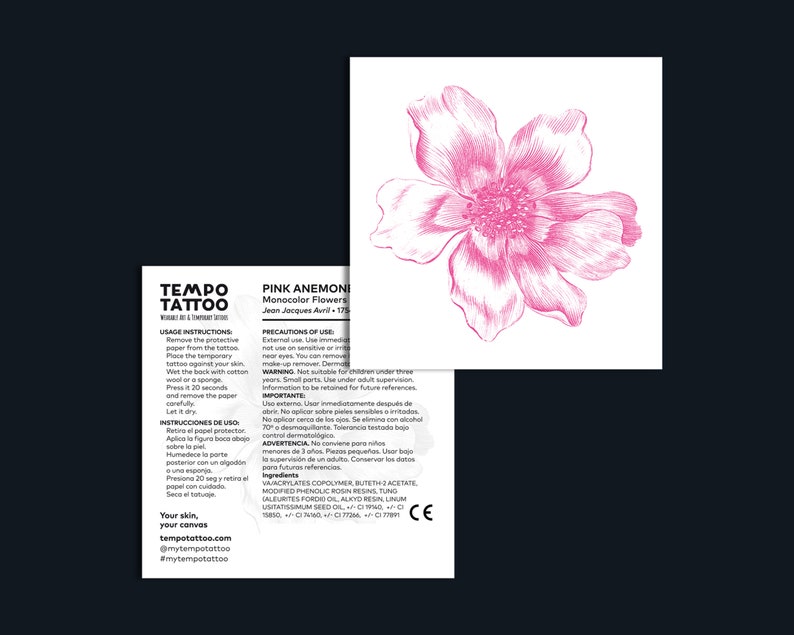 Puede incluir: Tatuaje temporal rosa de una sola flor de an&eacute;mona rosa con el texto "Pink Anemone Monocolor Flowers Jean Jacques Avril 175" e instrucciones para aplicar el tatuaje.