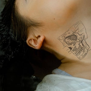 Skull Temporary Tattoo: Ancient Half Skull Tattoo Design, One-Week Skull Fake Tattoo (Set of 2)