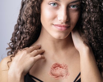 Tatuaje temporal de rosa rosa: Diseño floral en acuarela (Set de 2)