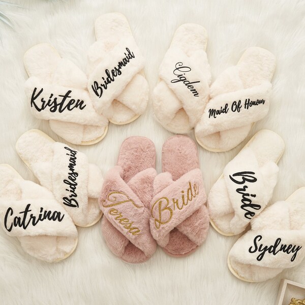 Custom Fluffy Bridesmaid Slipper,Bachelorette Party Gifts,Bride Slipper,Bridesmaid Gifts - Custom Slippers, Gifts for Her, Fluffy Slippers