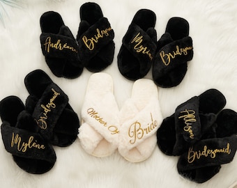 Custom Name Fluffy Bridal Slippers |Custom Bridesmaid Slippers |Fluffy Cross slippers | Anniversary Gift |Women Gift Ideas, Bridesmaid Gift