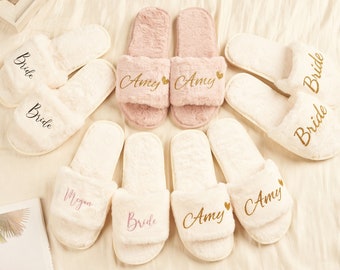 Personalized Bridal Slipper, Wedding Slippers, Bachelorette Party Slippers, Bridesmaid Gift, Mother Gifts-Customized Fluffy Slippers