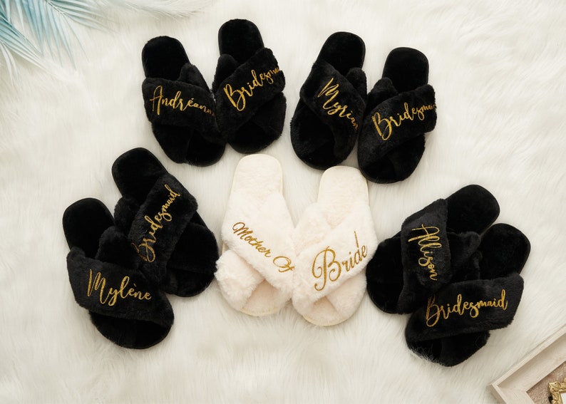 Custom Bride Fluffy Slippers,Wedding Bridesmaid Fur Slippers,Bridal Shower Gifts, Bridal Fluffy Cross Slippers,Bachelor Party Gifts-Slippers image 7