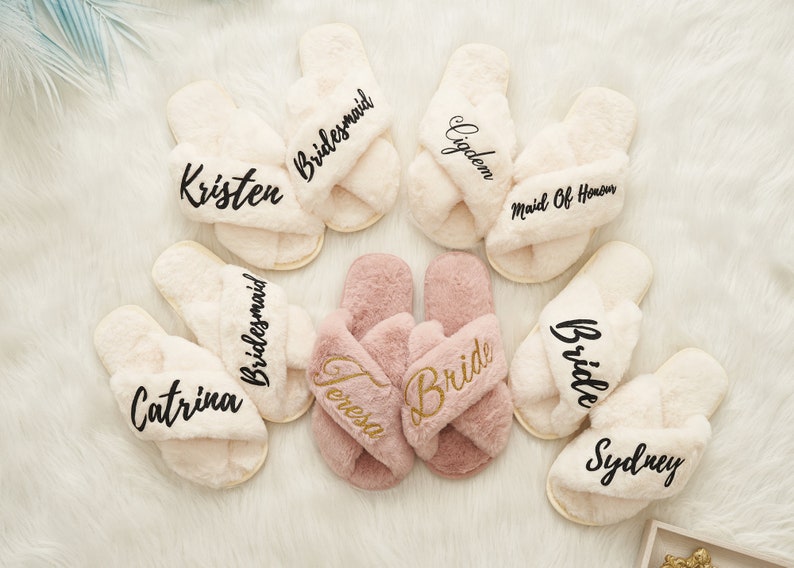 Custom Bride Fluffy Slippers,Wedding Bridesmaid Fur Slippers,Bridal Shower Gifts, Bridal Fluffy Cross Slippers,Bachelor Party Gifts-Slippers image 5