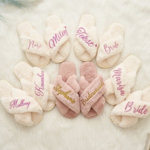 Custom Bride Fluffy Slippers,Wedding Bridesmaid Fur Slippers,Bridal Shower Gifts, Bridal Fluffy Cross Slippers,Bachelor Party Gifts-Slippers image 4