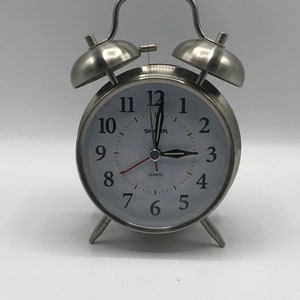 Vintage style metal mechanical alarm clock Sharp quartz, vintage alarm clock, table clock, battery cover missing