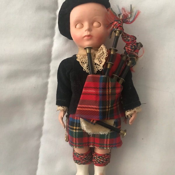 Vintage Hard Plastic Scottish Boy Doll with Kilt, Bagpipes 6.5”, Sleeping Eyes