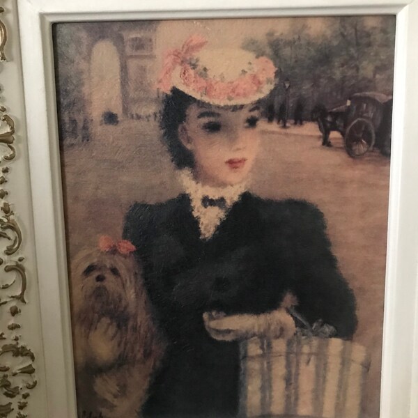 Vintage Cherry Huldah Signed Wood Framed Art Prints French Lady Dog Wall Plaque