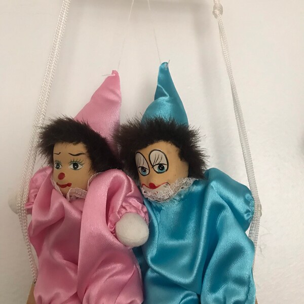 Twins MarIonette  VTG clown spuppet boy and girl Dolls on a swing/ harlequin dolls