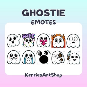 Può includere: Un set di nove emoji di fantasmi con diverse espressioni, tra cui hype, amore, fuoco, paura, carino, pianto, sorpresa, che tiene una croce e che tiene un coltello. Il testo "GHOSTIE EMOTES" è in alto nell'immagine e "KerriesArtShop" è in basso.