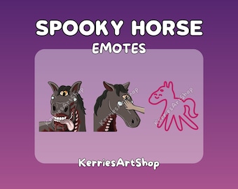 May include: Digital artwork of three "Spooky Horse" emotes. The emotes depict a zombie horse, a horse being stroked, and a pink horse outline. The text "SPOOKY HORSE EMOTES" is displayed at the top.