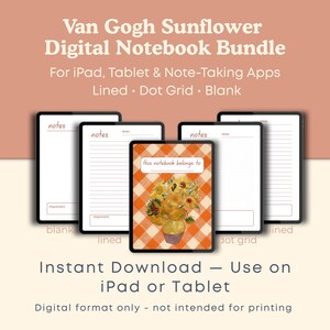 Peut inclure: Un ensemble de cahiers numériques avec un design de tournesol de Van Gogh. Il comprend des pages lignées, quadrillées et vierges pour les applications de prise de notes sur iPad et tablette. La couverture présente une peinture de tournesols sur un fond à carreaux.
