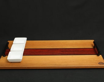 Serving board, tray, serving plate made of cherry tree, wenge and padauk and 3 ceramic bowls