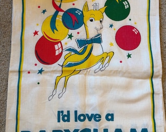 Vintage, dead stock, 60s Babycham promo tee towels. Linen.