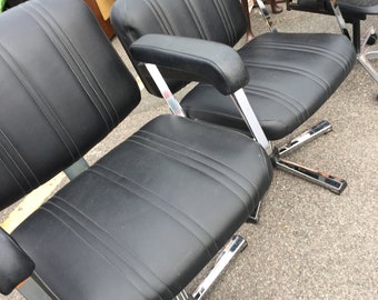 Pair Vintage funky barber style chairs, black and Chrome