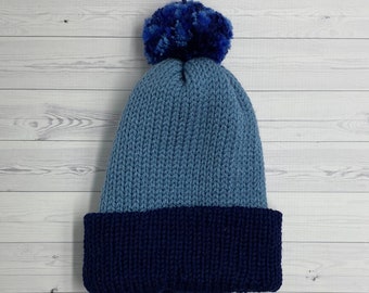 Blue Knit Winter Hat - Handmade Knit Beanie