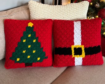 Christmas Pillows Pattern - Crochet Pillows - Corner to Corner Crochet - C2C - Santa and Christmas Tree Pillow Patterns