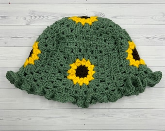 Flower Bucket Hat Crochet Pattern - Granny Square Hat Pattern - Crochet Sunflower Hat - Sunflower Granny Square Bucket Crochet Hat Pattern