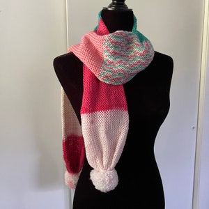 Winter Scarf - Pink and Teal - Pompom Scarf - Handmade Knit