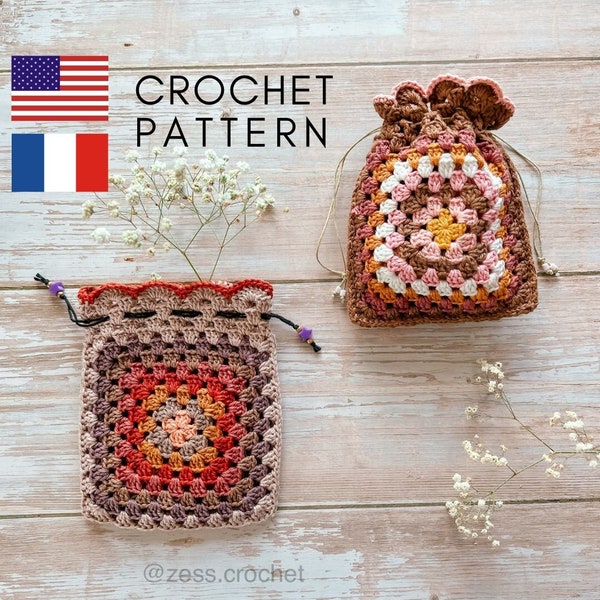 TUTORIEL CROCHET pochon carré granny modèle patron pdf, Français Anglais, fichier numérique explications