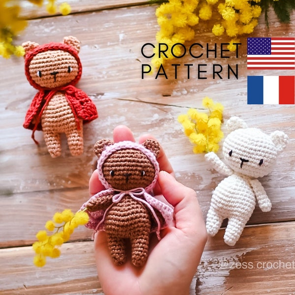 TUTORIEL CROCHET mini ourson modèle patron amigurumi pdf français Anglais  facile ours miniature cape rapide doudou