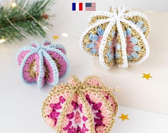 TUTORIAL DE GANCHILLO Adorno navideño de cuadrados de abuelita - Patrón PDF en francés e inglés - Decoración 3D, Tutorial fácil, Árbol de Navidad DIY