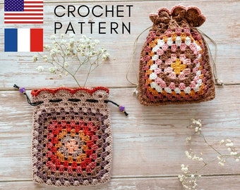 TUTORIEL CROCHET pochon carré granny modèle patron pdf, Français Anglais, fichier numérique explications