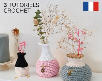 TUTORIEL CROCHET lot 3 vases déco modèle patron pdf, Français fichier numérique explications idée cadeau fleurs