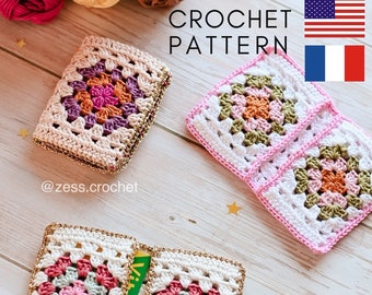 TUTORIEL CROCHET pochette porte cartes carré granny modèle patron pdf, explications numérique Français et anglais