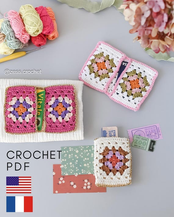 TUTORIEL CROCHET pochette porte cartes carré granny modèle patron pdf, explications numérique Français et anglais