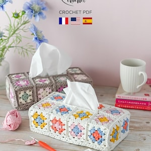 TUTORIEL CROCHET Housse granny square boite à mouchoirs rectangle - Patron pdf Français Anglais Espagnol - decoration idée cadeau