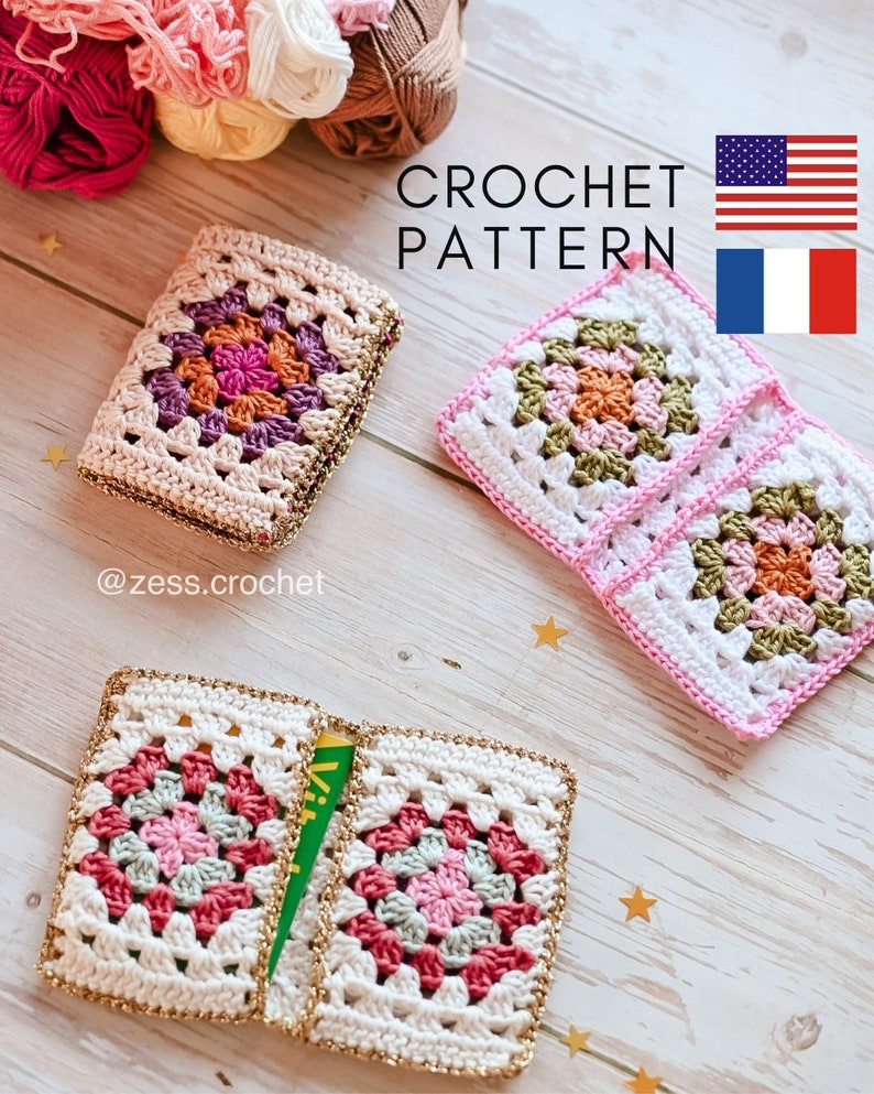 TUTORIEL CROCHET pochette porte cartes carré granny modèle patron pdf, explications numérique Français et anglais image 1