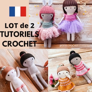 LOT 2 CROCHET TUTORIALS Kima doll + rabbit outfit in French - instructions pattern amigurumi easy cuddly toy
