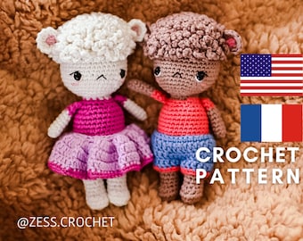 TUTORIEL CROCHET amigurumi patron PDF 2 en 1 couple poupée en Francais Anglais - explications modèle animal agneau mouton vêtements