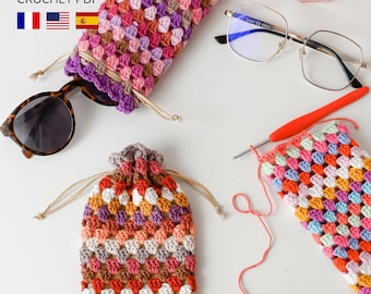TUTORIAL DE GANCHILLO Estuche para gafas de abuelita – Patrón PDF Francés Inglés Español - Modelo de verano Idea de regalo