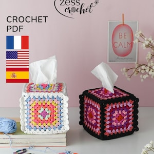 TUTORIEL CROCHET Housse granny boîte à mouchoirs carrée - Patron facile en Francais Anglais et Espagnol PDF - Idée déco cadeau Zess Crochet