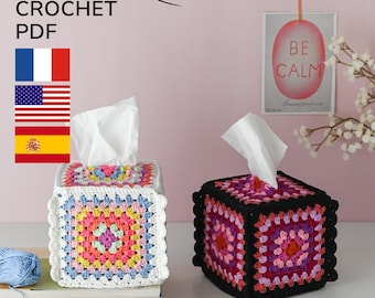 TUTORIAL DE GANCHILLO Funda para caja de pañuelos con cuadrados de abuelita - Patrón fácil en francés, inglés y español PDF - Zess Crochet Gift Idea