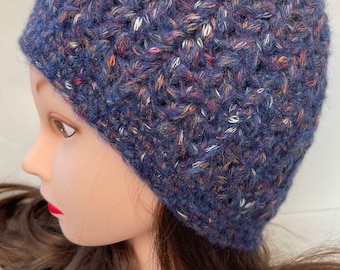 Woman’s crochet beanie, multicolor, fits teen/adult 22-24” circumference.