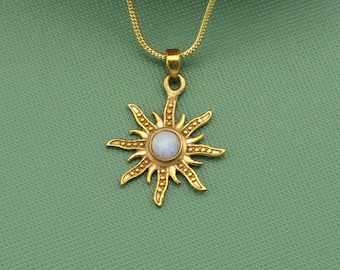 Gold Sunburst Necklace: Moonstone Pendant, Tiny Sun Charm