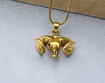 Gold Bull Skull Pendant Necklace: Boho Western Brass Charm